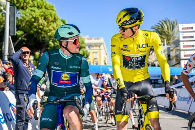 Paris - Nice 2025 - stage 8 NICE, FRANCE - MARCH 16 : Pedersen Mads (DEN) of Lidl - Trek and Jorgenson Matteo (USA) of Team Visma Lease A Bike at the start line during stage 8 and final stage of the 83th edition of the Paris - Nice cycling race, a stage of 119,9km with start and finish in Nice on March 16, 2025 in Nice, France, 16 03 2025 ( Motordriver Kenny Verfaillie - Nice France  Copyright: xNicoxVereeckenx
