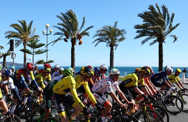 The pack of riders pictured at the start of stage eight of the 83th edition of the Paris-Nice cycling race, 119,9 km from Nice to Nice, France, Sunday 16 March 2025. DAVIDxPINTENS  x115088898x