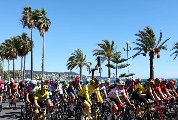 The pack of riders pictured at the start of stage eight of the 83th edition of the Paris-Nice cycling race, 119,9 km from Nice to Nice, France, Sunday 16 March 2025. DAVIDxPINTENS  x115088912x