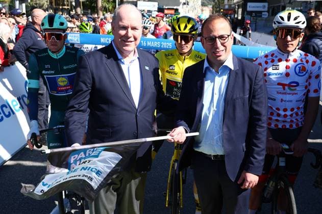Prince Albert of Monaco (L) pictured at the start of stage eight of the 83th edition of the Paris-Nice cycling race, 119,9 km from Nice to Nice, France, Sunday 16 March 2025. DAVIDxPINTENS  x115089084x
