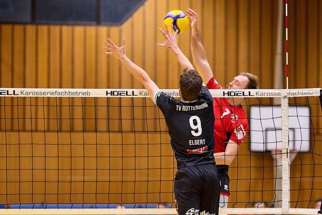 Angriff von Jannik Weber (TUS Kriftel, 07) gegen dden Einerblock von Samuel Elgert (TV Rottenburg, 09) GER, TuS Kriftel gegen TV Rottenburg,Volleyball, 2. Bundesliga, 19. Spieltag, Spielzeit 2024 2025, 15.03.25. GER, TuS Kriftel gegen TV Rottenburg,Volleyball, 2. Bundesliga, 19. Spieltag, Spielzeit 2024 2025, 15.03.25. Kriftel Copyright: xEibner-Pressefoto GeraldxOelze-dexStoppanyx EP-ODS