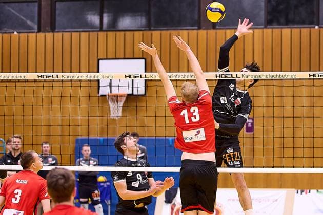 Angriff von Yannik Menke (TV Rottenburg, 12) nach Zuspiel von Samuel Elgert (TV Rottenburg, 09) gegen den Einerblock von Florian Bonadt (TUS Kriftel, 13) GER, TuS Kriftel gegen TV Rottenburg,Volleyball, 2. Bundesliga, 19. Spieltag, Spielzeit 2024 2025, 15.03.25. GER, TuS Kriftel gegen TV Rottenburg,Volleyball, 2. Bundesliga, 19. Spieltag, Spielzeit 2024 2025, 15.03.25. Kriftel Copyright: xEibner-Pressefoto GeraldxOelze-dexStoppanyx EP-ODS