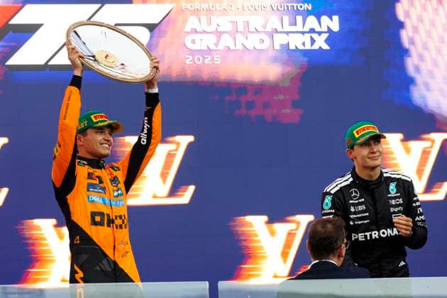 16th March 2025; Melbourne Grand Prix Circuit, Melbourne, Victoria, Australia; Australian Formula 1 Grand Prix; Race Day; Lando Norris, George Russell on the podium after the race at the Australian Formula One  ActionPlus12762165 StephenxBlackberry