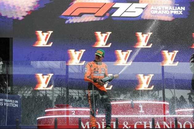 March 16, 2025: LANDO NORRIS of McLaren celebrates 1st place on the podium at the 2025 Australian Formula 1 Grand Prix on March 16, 2025 in Melbourne, VIC Australia - ZUMAa155 20250316_aaa_a155_036 Copyright: xChristopherxKhouryx