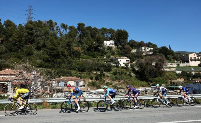 American Matteo Jorgenson of Team Visma-Lease a Bike, Dutch Daan Hoole of Lidl-Trek, Australian Callum Scotson of Decathlon AG2R La Mondiale Team, German John Degenkolb of Team Picnic PostNL, Italian Edoardo Zambanini of Bahrain Victorious and French Enzo Paleni of Groupama-FDJ pictured in action during stage eight of the 83th edition of the Paris-Nice cycling race, 119,9 km from Nice to Nice, France, Sunday 16 March 2025. DAVIDxPINTENS  x115092712x