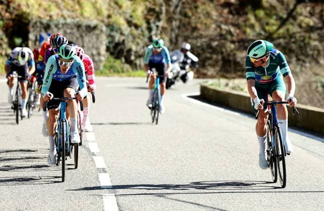 Danish Mads Pedersen of Lidl-Trek (R) wearing the green jersey of leader in the sprint ranking pictured in action during stage eight of the 83th edition of the Paris-Nice cycling race, 119,9 km from Nice to Nice, France, Sunday 16 March 2025. DAVIDxPINTENS  x115094022x