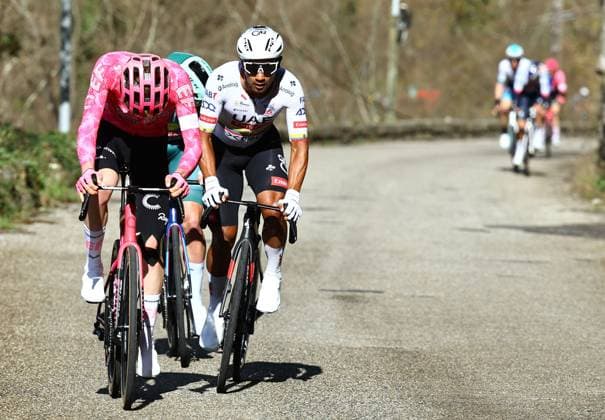 German Georg Steinhauser of EF Education-EasyPost and Ecuadorian Jhonatan Narvaez of UAE Team Emirates pictured in action during stage eight of the 83th edition of the Paris-Nice cycling race, 119,9 km from Nice to Nice, France, Sunday 16 March 2025. DAVIDxPINTENS  x115095317x