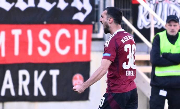 16.03.2025 - Fussball - Saison 2024 2025 - 2. Fussball - Bundesliga - 26. Spieltag: 1. FC Nürnberg FCN ( Club ) - SpVgg Greuther Fürth ( Kleeblatt ) Derby Frankenderby - Sportfoto Zink - xwoxzix - DFL regulations prohibit any use of photographs as image sequences and or quasi-video - only for editorial use - Mahir Emreli (30, 1. FC Nürnberg FCN ) ballt Faust Fäuste - Jubel Freude