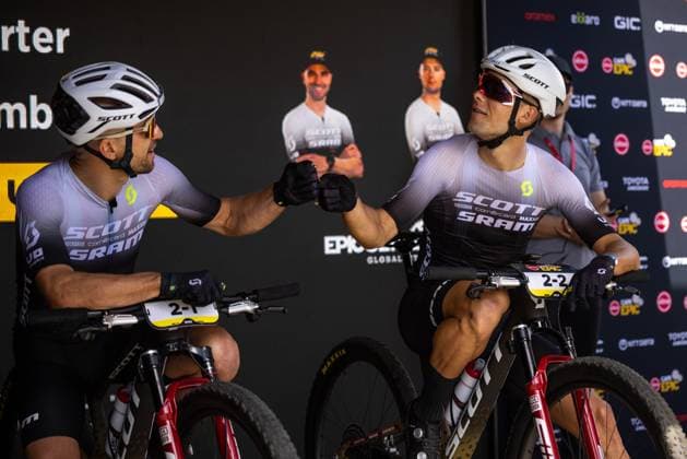 Bikers Nino Schurter and Filippo Colombo at the start of the opening prologue of the seven-day Cape Epic pairs mountain bike stage race in South Africa, March 16, 2025. (CTKxPhoto MichalxCerveny) CTKPhotoF202503160023001  CTKPhotoF202503160023001