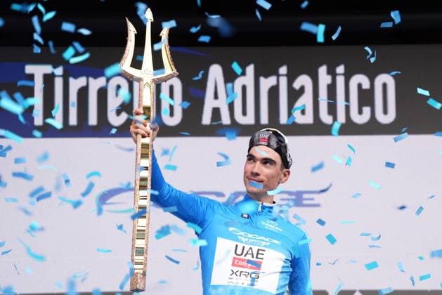 Ayuso Pesquera Juan of Uae Team Emirates winner on the podium the 60th Tirreno - Adriatico 2025, Stage 7 from Porto Potenza Picena to San Benedetto Del Tronto - on March 16, 2025 in Porto Potenza Picena, Marche, Italy.  Copyright: xMassimoxPaolone LaPressex