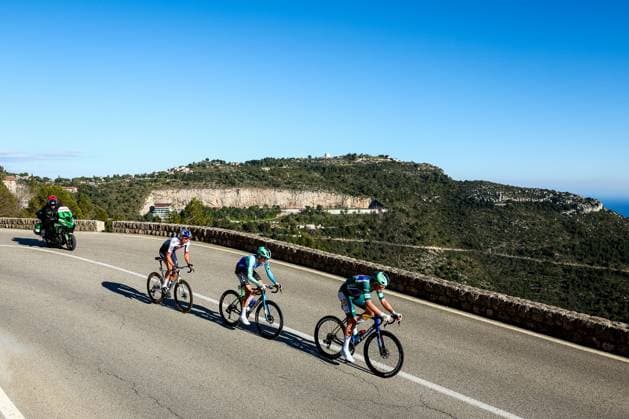 Russian Aleksandr Vlasov of RedBull-BORA-hansgrohe, Austrian Felix Gall of Decathlon AG2R La Mondiale Team and Danish Mads Pedersen of Lidl-Trek pictured in action during stage eight of the 83th edition of the Paris-Nice cycling race, 119,9 km from Nice to Nice, France, Sunday 16 March 2025. DAVIDxPINTENS  x115102390x