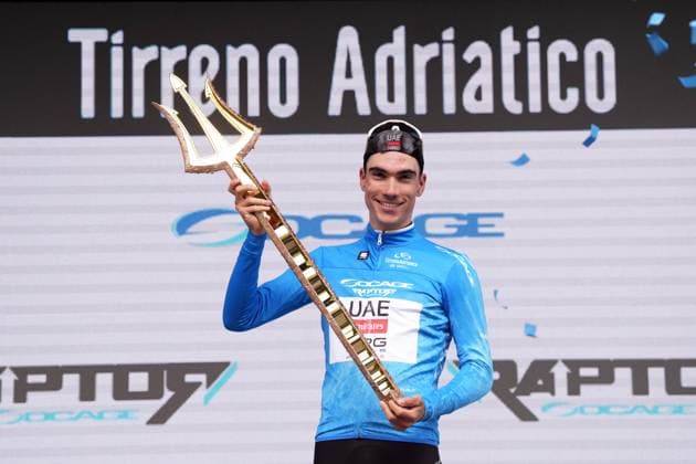 Ayuso Pesquera Juan of Uae Team Emirates winner on the podium the 60th Tirreno - Adriatico 2025, Stage 7 from Porto Potenza Picena to San Benedetto Del Tronto - on March 16, 2025 in Porto Potenza Picena, Marche, Italy.  Copyright: xMassimoxPaolone LaPressex