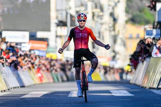 Paris - Nice 2025 - stage 8 NICE, FRANCE - MARCH 16 : Sheffield Magnus (USA) of Ineos Grenadiers celebrating his victory during stage 8 and final stage of the 83th edition of the Paris - Nice cycling race, a stage of 119,9km with start and finish in Nice on March 16, 2025 in Nice, France, 16 03 2025 ( Motordriver Kenny Verfaillie - Nice France  Copyright: xNicoxVereeckenx