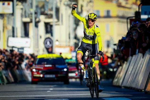 Sport Bilder des Tages American Matteo Jorgenson of Team Visma-Lease a Bike celebrates as he crosses the finish line at stage eight of the 83th edition of the Paris-Nice cycling race, 119,9 km from Nice to Nice, France, Sunday 16 March 2025. DAVIDxPINTENS  x115104993x
