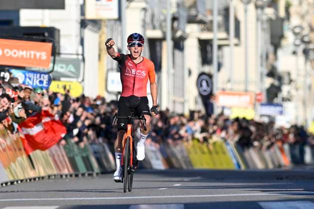Paris - Nice 2025 - stage 8 NICE, FRANCE - MARCH 16 : Sheffield Magnus (USA) of Ineos Grenadiers celebrating his victory during stage 8 and final stage of the 83th edition of the Paris - Nice cycling race, a stage of 119,9km with start and finish in Nice on March 16, 2025 in Nice, France, 16 03 2025 ( Motordriver Kenny Verfaillie - Nice France  Copyright: xNicoxVereeckenx