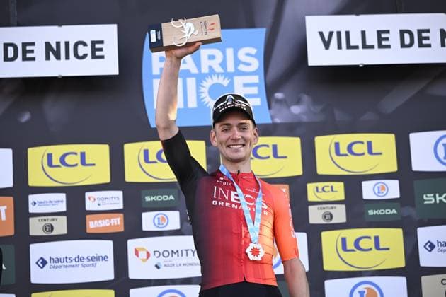 Paris - Nice 2025 - stage 8 NICE, FRANCE - MARCH 16 : Sheffield Magnus (USA) of Ineos Grenadiers on the podium during stage 8 and final stage of the 83th edition of the Paris - Nice cycling race, a stage of 119,9km with start and finish in Nice on March 16, 2025 in Nice, France, 16 03 2025 ( Motordriver Kenny Verfaillie - Nice France  Copyright: xNicoxVereeckenx
