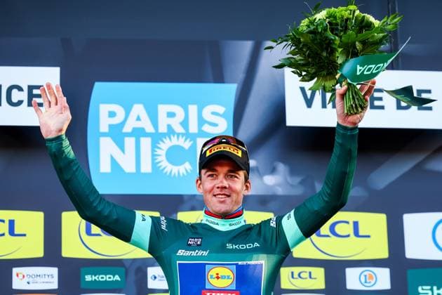 Danish Mads Pedersen of Lidl-Trek celebrates in the green jersey of leader in the points ranking after stage eight of the 83th edition of the Paris-Nice cycling race, 119,9 km from Nice to Nice, France, Sunday 16 March 2025. DAVIDxPINTENS  x115106022x