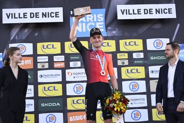 Paris - Nice 2025 - stage 8 NICE, FRANCE - MARCH 16 : Sheffield Magnus (USA) of Ineos Grenadiers on the podium during stage 8 and final stage of the 83th edition of the Paris - Nice cycling race, a stage of 119,9km with start and finish in Nice on March 16, 2025 in Nice, France, 16 03 2025 ( Motordriver Kenny Verfaillie - Nice France  Copyright: xNicoxVereeckenx