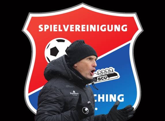 ! ACHTUNG FOTOMONTAGE ! Hier im Bild Heiko Herrlich, Trainer (SpVgg Unterhaching), im Hintergrund das Logo des Vereins