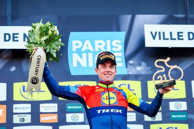 Danish Mads Pedersen of Lidl-Trek celebrates on the podium with the combativity award after stage eight of the 83th edition of the Paris-Nice cycling race, 119,9 km from Nice to Nice, France, Sunday 16 March 2025. DAVIDxPINTENS  x115106476x