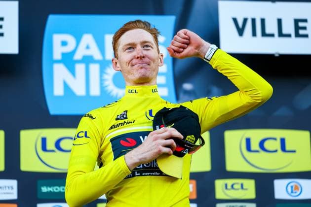 American Matteo Jorgenson of Team Visma-Lease a Bike celebrates in the yellow jersey of leader in the overall ranking after stage eight of the 83th edition of the Paris-Nice cycling race, 119,9 km from Nice to Nice, France, Sunday 16 March 2025. DAVIDxPINTENS  x115107013x