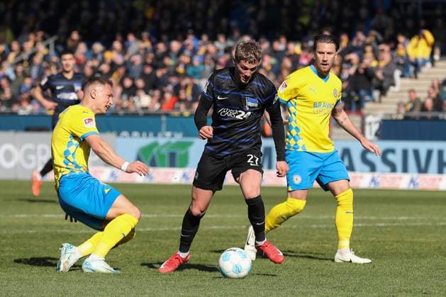16.03.2025, xtgx, Fussball 2. Bundesliga, Eintracht Braunschweig - Hertha BSC Berlin emspor, v.l. Michael Cuisance (Hertha, 27) (DFL DFB REGULATIONS PROHIBIT ANY USE OF PHOTOGRAPHS as IMAGE SEQUENCES and or QUASI-VIDEO) Braunschweig
