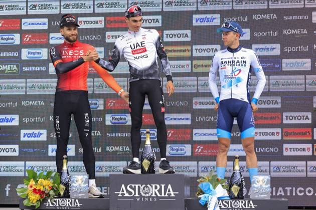 CICLISMO - Tirreno Adriatico - Stage 7 - Porto Potenza Picena San Benedetto del Tronto Tirreno Adriatico 2025 - 60th Edition - 7th stage - Porto Potenza Picena - San Benedetto del Tronto 147 km - 16 03 2025 - AYUSO Juan, GANNA Filippo and TIBERI Antonio during the award ceremony during Stage 7 - Porto Potenza Picena San Benedetto del Tronto, Cycling Tirreno Adriatico race in San Benedetto del Tronto, Italy, March 16 2025 San Benedetto del Tronto Italy  Copyright: xIPAxSport ABACAx