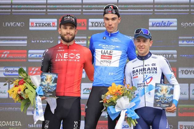 CICLISMO - Tirreno Adriatico - Stage 7 - Porto Potenza Picena San Benedetto del Tronto Tirreno Adriatico 2025 - 60th Edition - 7th stage - Porto Potenza Picena - San Benedetto del Tronto 147 km - 16 03 2025 - AYUSO Juan, GANNA Filippo and TIBERI Antonio during the award ceremony during Stage 7 - Porto Potenza Picena San Benedetto del Tronto, Cycling Tirreno Adriatico race in San Benedetto del Tronto, Italy, March 16 2025 San Benedetto del Tronto Italy  Copyright: xIPAxSport ABACAx