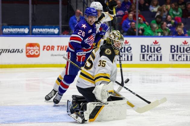 March 14th 2025: Providence Bruins goaltender Brandon Bussi (35) makes a save in the second period in a game against the Rochester Americans. The Rochester Americans hosted the Providence Bruins in an American Hockey League game at Blue Cross Arena in Rochester, New York. ( CSM) - ZUMAc04_ 20250314_zma_c04_292 Copyright: xJonathanxTencax