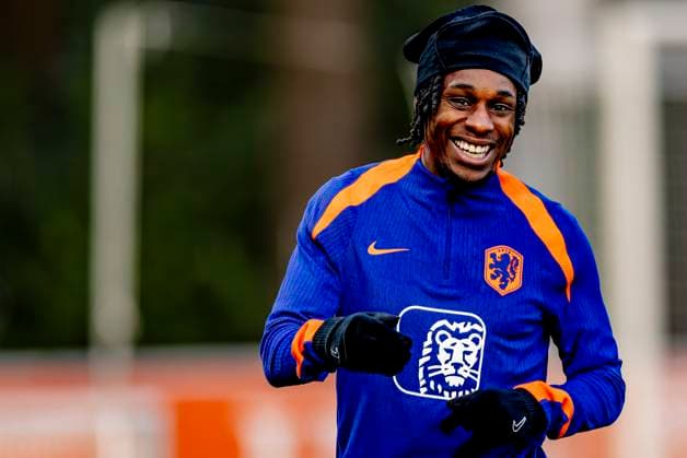 Netherlands defender Jeremie Frimpong during the match Training and pressconference Netherlands at the KNVB Campus for the UEFA Nations League season 2024-2025 in ZEIST, Netherlands on 17 march 2025, (photo by Marcel van Dorst EYE4images DeFodi Images)