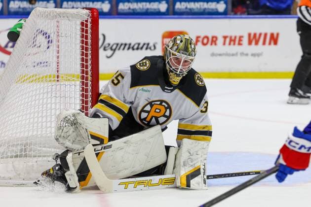 March 14th 2025: Providence Bruins goaltender Brandon Bussi (35) makes a save in the second period in a game against the Rochester Americans. The Rochester Americans hosted the Providence Bruins in an American Hockey League game at Blue Cross Arena in Rochester, New York. ( CSM) - ZUMAc04_ 20250314_zma_c04_372 Copyright: xJonathanxTencax