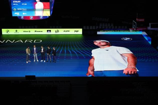 18.03.2025, ATP, Tennis Herren BMW Open Praesentation, Tennis, im Bild: Christian Ach, Patrick Kuehnen, Fabian Tross und Christian Okon, Praesentieren die Spielerfeld, hier Jan -Lennard Struff (GER)