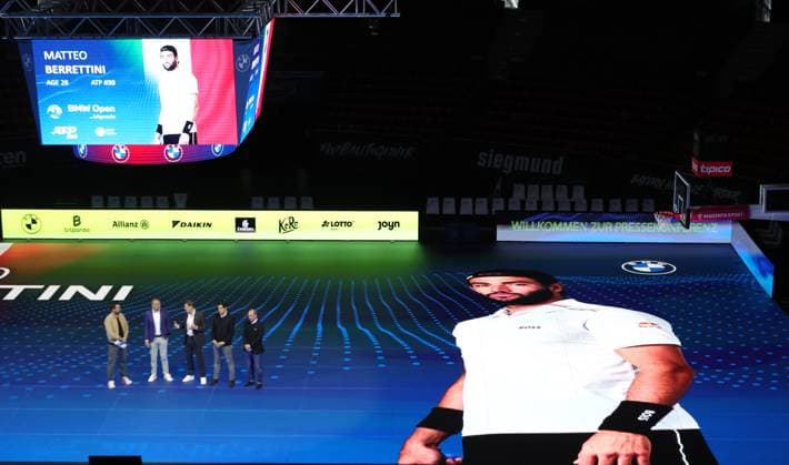 18.03.2025, ATP, Tennis Herren BMW Open Praesentation, Tennis, im Bild: Christian Ach, Patrick Kuehnen, Fabian Tross und Christian Okon, Praesentieren die Spielerfeld, hier Matteo Berrettini (ITA)