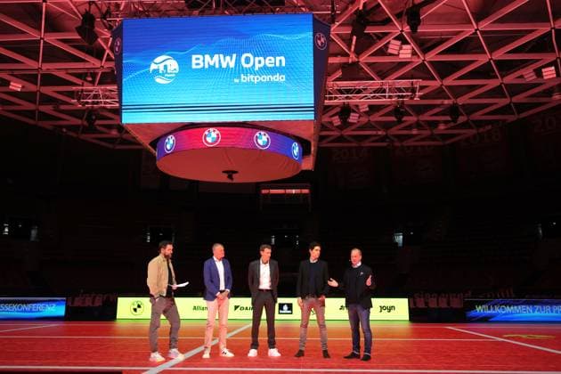 18.03.2025, ATP, Tennis Herren BMW Open Praesentation, Tennis, im Bild: Christian Ach, Patrick Kuehnen, Fabian Tross und Christian Okon, Präsentieren die Spielerfeld, hier Matteo Berrettini