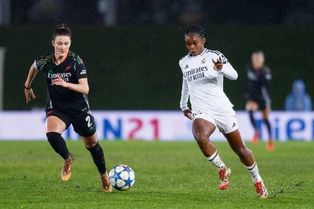 March 18, 2025, Valdebebas, Madrid, SPAIN: Linda Caicedo of Real Madrid in action during the UEFA WomenÃ¢â‚¬â ¢s Champions League Quarter Final first leg, football match played between Real Madrid CF and Arsenal FC at Alfredo Di Stefano stadium on March 18, 2025, in Valdebebas, Madrid, Spain. Valdebebas SPAIN - ZUMAa181 20250318_zaa_a181_085 Copyright: xDennisxAgyemanx