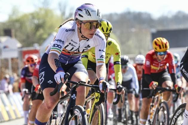 Irish Lara Gillespie of UAE Team ADQ pictured in action during the Nokere Koerse one day cycling race for women elite, 188.1 km from Deinze to Nokere, on Wednesday 19 March 2025. DAVIDxPINTENS  x115268205x