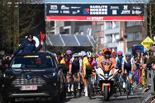 Danilith Nokere Koerse 2025 cycling race NOKERE, BELGIUM - MARCH 19 : illustration picture of the start during the Men Elite UCI 1.Pro 78th Danilith Nokere Koerse cycling race with start in Deinze and finish in Nokere (188,2 km) on March 19, 2025 in Nokere, Belgium, 19 03 2025 ( Motordriver Rodrique Verfaillie & Nokere Belgium  Copyright: xTomasxSiskx