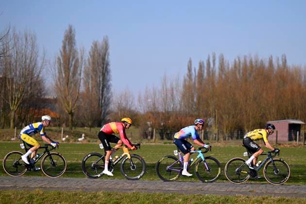 Danilith Nokere Koerse 2025 cycling race NOKERE, BELGIUM - MARCH 19 : Teugels Lennert (BEL) of Tarteletto - Isorex, Johannink Jelle (NED) of Unibet Tietema Rockets, Wallin Rasmus Bogh (DEN) of Uno-X Mobility, Colman Alex (BEL) of Team Flanders - Baloise during the Men Elite UCI 1.Pro 78th Danilith Nokere Koerse cycling race with start in Deinze and finish in Nokere (188,2 km) on March 19, 2025 in Nokere, Belgium, 19 03 2025 ( Motordriver Rodrique Verfaillie & Nokere Belgium  Copyright: xTomasxSiskx