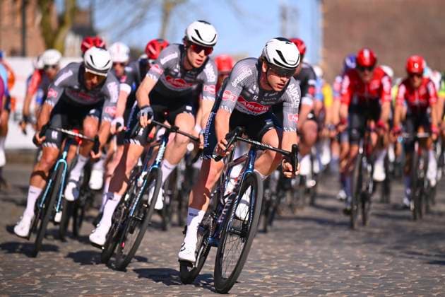 Danilith Nokere Koerse 2025 cycling race NOKERE, BELGIUM - MARCH 19 : riders of Alpecin-Deceuninck during the Men Elite UCI 1.Pro 78th Danilith Nokere Koerse cycling race with start in Deinze and finish in Nokere (188,2 km) on March 19, 2025 in Nokere, Belgium, 19 03 2025 ( Motordriver Rodrique Verfaillie & Nokere Belgium  Copyright: xTomasxSiskx