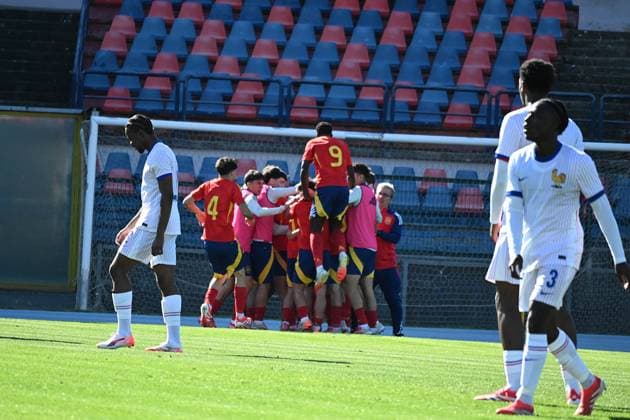 Spain happy for the score during UEFA U19 European Championship, EM, Europameisterschaft Elite Round - France vs Spain, UEFA European Football Championship in Cosenza, Italy, March 19 2025  Copyright: xPasqualexGolia IPAxSportx xipa-agency.netx xx IPA_55514654 IPA_Agency_IPA55514654