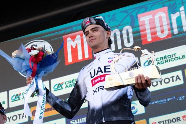 Milano - Torino 2025 Isaac del Toro holds the Milano Torino 2025 trophy, on March 19, 2025. Rho - Turin Italy  Copyright: xTommasoxBerardix originalFilename:berardi-milanoto250319_npJGL.jpg