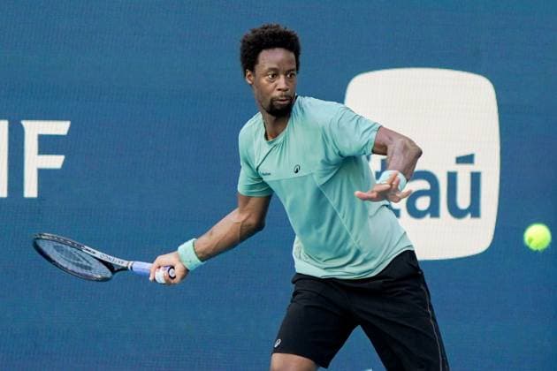 March 19, 2025, Miami, Florida, USA: Gael Monfils (FRA) returns a shot to his opponent Fabian Marozsan (not pictured) during the mens singles first round at the 2025 Miami Open presented by Itau at Hard Rock Stadium. Miami USA - ZUMAw109 20250319_fap_w109_001 Copyright: xDebbyxWongx