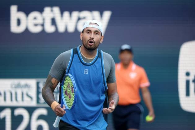 March 19, 2025, Miami Gardens, Florida, United States Of America: MIAMI GARDENS, FLORIDA - MARCH 19: Nick Kyrgios of Australia defeats Mackenzie McDonald of the United States in the first round of the men s singles in the Miami Open at the Hard Rock Stadium on March 19, 2025 in Miami Gardens, Florida. ...People: Nick Kyrgios Miami Gardens United States Of America - ZUMAs214 20250319_ada_s214_036 Copyright: xSMGx
