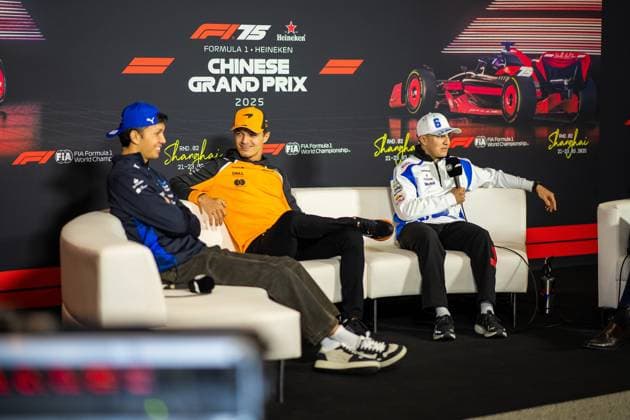 FORMULA 1 CHINESE GRAND PRIX 2025 MEDIA DAY ALEXANDER ALBON (THA) of Williams Racing 23 and LANDO NORRIS (GBR) of McLaren Racing 4 and ISACK HADJAR (FRA) of Racing Bulls (RB) 6 in the press conference, PK, Pressekonferenz room during the FORMULA 1 HEINEKEN CHINESE GRAND PRIX 2025 MEDIA DAY at the Shanghai Audi International Circuit, Shanghai, China on 20 March 2025 Credit: Antoine Lapeyre Every Second Media Editorial use only. All images are copyright Every Second Media Limited. No images may be reproduced without prior permission. Copyright: xIMAGO EveryxSecondxMediax ESM-1385-0063 AntoinexLapeyrex xEveryxSecondxMediax
