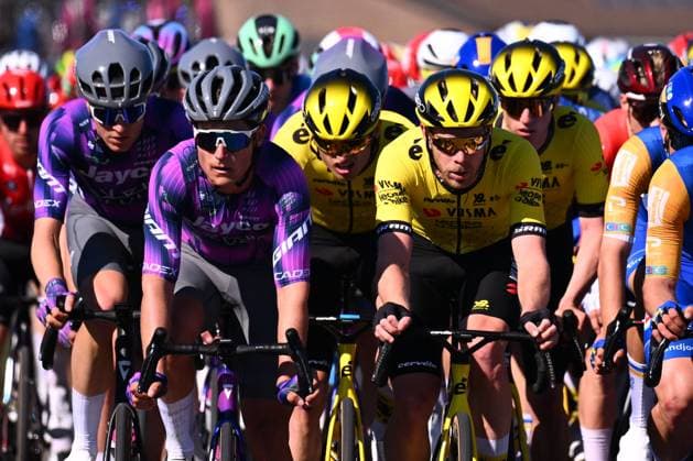 Grand Prix de Denain - Porte du Hainaut 2025 cycling race DENAIN, FRANCE - MARCH 20 : Riders of Jayco Alula, Visma Lease a bike in the peloton during the Men Elite UCI 1.Pro 66th Grand Prix de Denain - Porte du Hainaut cycling race with start in Denain and finish in Denain (204,4 km) on March 20, 2025 in Denain, France, 20 03 2025 ( Motordriver Stephan Boone & Denain France  Copyright: xTomasxSiskx