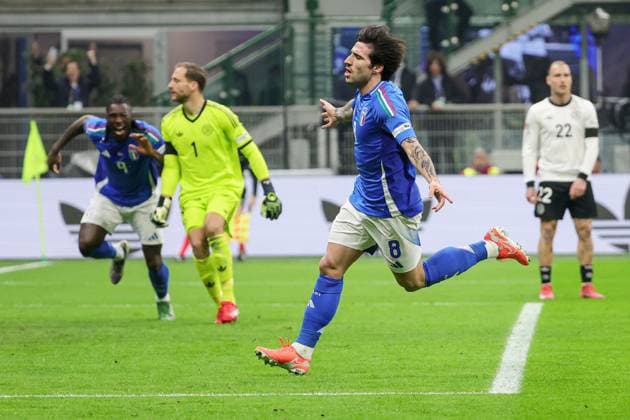 20th March 2025; Stadio San Siro, Milan, Italy, UEFA Nations League Football, Quarter Finals, First Leg, Italy versus Germany; Sandro Tonali of Italy celebrates after scoring the goal in the 9th minute for 1-0  ActionPlus12763410 EmanuelexPennacchio