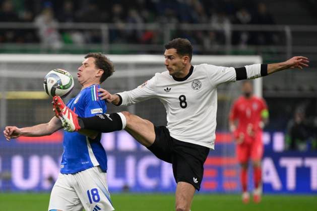 Sport Bilder des Tages Nicolo Barella of Italy and Leon Goretzka of Germany during the UEFA Nations League football match between Italy and Germany at San Siro stadium in Milano (Italy), March 20, 2025. AndreaxStaccioli
