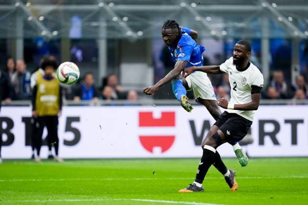 Italy v Germany - UEFA Nations League Quarterfinal Leg One Moise Kean of Italy and Antonio Rudiger of Germany during the UEFA Nations League Quarter Final Leg One match between Italy and Germany at Stadio Giuseppe Meazza on March 20, 2025 in Milan, Italy. Milan Stadio Giuseppe Meazza Milan Italy Copyright: xGiuseppexMaffiax NationsLeague_Italy-Germany_200325_BRU6877