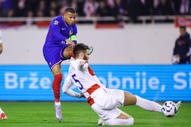 Croatia v France - UEFA Nations League Quarterfinal Leg One SPLIT, CROATIA - MARCH 20: Kylian Mbappe of France shoots a ball during the UEFA Nations League quarterfinal leg one match between Croatia and France at Stadion Poljud on March 20, 2025 in Split, Croatia.  IgorxKralj PIXSELL