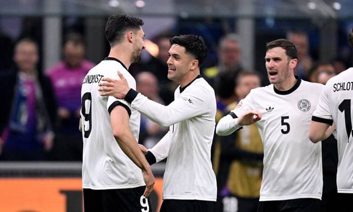 FUSSBALL UEFA Nations League 2024 2025 Viertelfinal Hinspiel in Mailand Italien - Deutschland 20.03.2025 Deutschland Jubel nach dem Tor zum 1-1, v. li., Tim Kleindienst, Nadiem Amiri, Pascal Gross